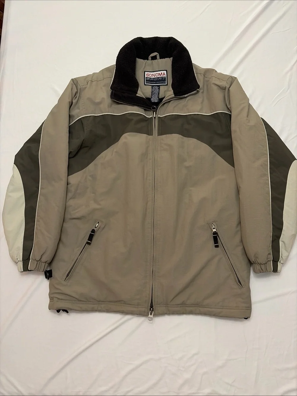 Sonoma Men’s Khaki and Olive Puffer Jacket with Black Collar